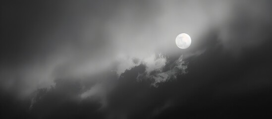 Naklejka na ściany i meble The full moon shines brightly in a black and white sky, contrasting against the dark backdrop. No other celestial bodies are visible in the vast expanse of the night sky.
