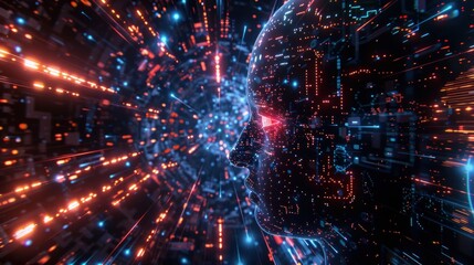Futuristic AI brain interface, quantum circuits glowing, blockchain data streams, in immersive AR and VR environments - obrazy, fototapety, plakaty