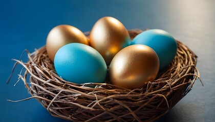 Fototapeta na wymiar Golden Blue Eggs in Brown Nest and Blue Background