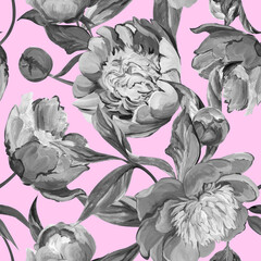 Seamless monochrome spring pattern drawn in gouache with pink peonies for trxtile