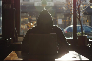 Hacker on a laptop in a public cafe - obrazy, fototapety, plakaty