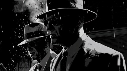 Noir-inspired scenes of money laundering, racketeering rings, black market dealings, hitmen shadows, and extortion tactics