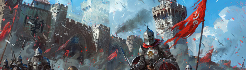 Knights questing through ancient ruins, guided by prophecies, battling orcs to protect majestic castles