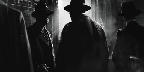 Naklejka premium Noir-inspired scenes of money laundering, racketeering rings, black market dealings, hitmen shadows, and extortion tactics