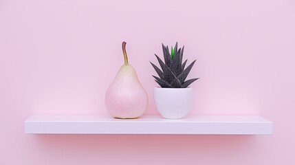 a pink wall with a white shelf and a white vase with a plant in it and a pink wall behind it.