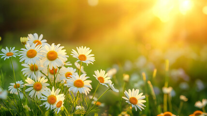 Spring Meadow With Chamomile Flowers. Fog And Sunrise Lights. Spring Concept. Landscapes background