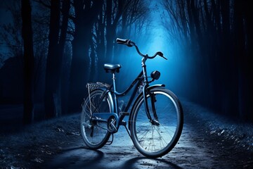 a bicycle on a road in a foggy forest