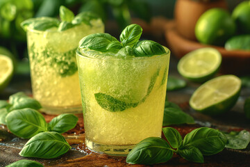 Two glasses of organic lime lemonade with basil
