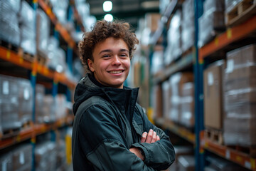 Smiling young trainee standing with arms crossed in warehouse at factory. - obrazy, fototapety, plakaty