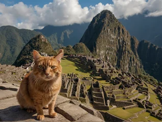 Crédence de cuisine en verre imprimé Machu Picchu Cat in Machu Pichu