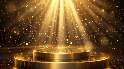 Podium with golden light lamps background