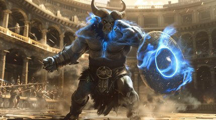 A fierce Minotaur warrior exuding a powerful blue aura in the midst of battle weapons clashing against the backdrop of an ancient arena - obrazy, fototapety, plakaty