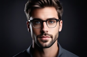 Obraz premium Face of a young man looking forward, strict gray clothes, gray background