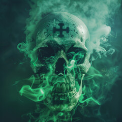 A sinister skull enveloped in poison green smoke with medical symbols etched into its bones foretelling a toxic prophecy