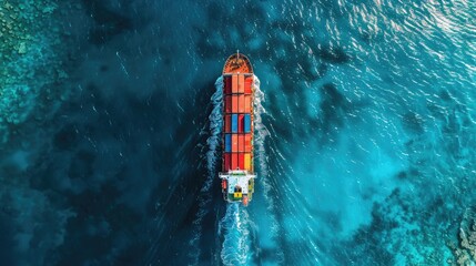 Drone view of a cargo ship navigating through crystal blue waters container patterns visible from above