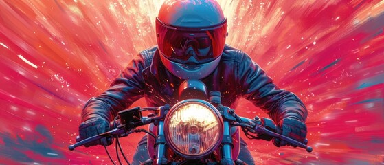  a man riding on the back of a motorcycle in front of a red and blue sky with a star burst in the middle of the middle of the front of his helmet.