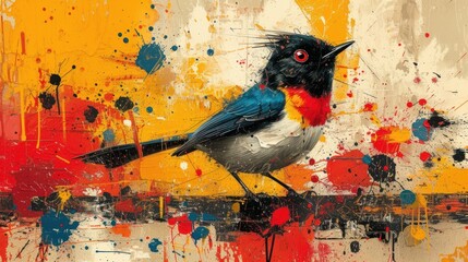  a painting of a bird with red eyes on a yellow and red background with paint splattered on the bottom half of the bird, and the top half of it's head.
