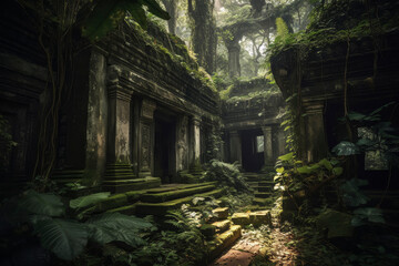 Ancient temple ruins in a dense jungle.