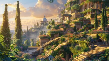 Lush terraces of the Hanging Gardens under a twilight sky ancient Babylons splendor reborn vibrant flora and architectural marvels