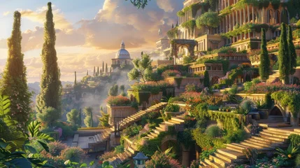 Tuinposter Lush terraces of the Hanging Gardens under a twilight sky ancient Babylons splendor reborn vibrant flora and architectural marvels © Thanaphon
