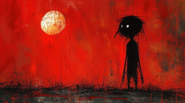  a painting of a person standing in front of a red sky with the sun in the distance and a black cat on the left side of the painting is staring at the viewer.