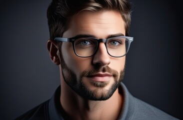 Fototapeta premium Nice young man in glasses and grey shirt on dark grey background