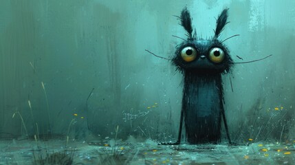  a painting of a black creature with big eyes and a creepy look on its face, standing in the middle of a swampy area with grass and yellow flowers in the foreground. - obrazy, fototapety, plakaty