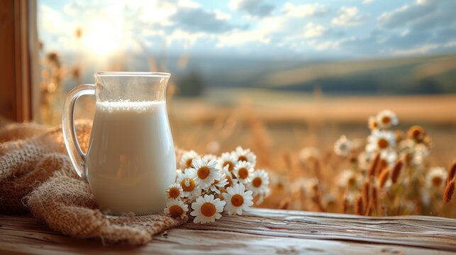  a pitcher of milk sitting on top of a wooden table next to a bouquet of daisies and a scarf on a window sill with a field in the background.