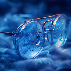 Blue Vision: Water Droplets on Spectacles over a Soft Blue Fabric