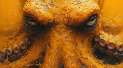  a close up of an animal's face with a lot of orange paint on it's face and a lot of black dots on it's eyes.