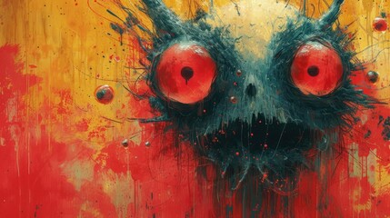  a painting of a strange looking creature with red eyes and a black face with red and yellow paint splatters on it's sides and a yellow background. - obrazy, fototapety, plakaty