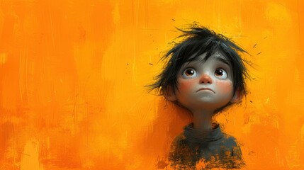  a painting of a child with a sad look on it's face, standing against a yellow wall with a black hairdoodle on it's head.