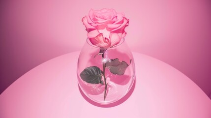a pink rose in a glass vase with water and leaves on a white table with a pink wall in the background.