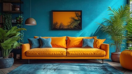  a living room with a blue wall and a yellow couch in the middle of the room with a blue rug on the floor and a potted plant next to the couch.