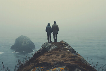 Two persons standing on a cliff overlooking the sea with a rocky islet in the fog. Contemplation and nature connection concept for design and print - obrazy, fototapety, plakaty