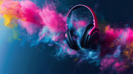 World music day banner with headset headphones on abstract colorful dust background.