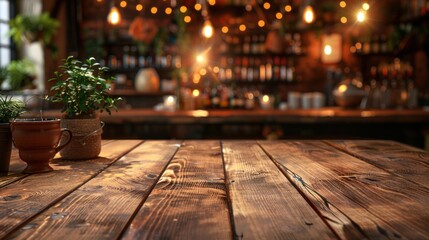 Empty wooden table in front of abstract blurred Christmas light background for product display in a coffee shop