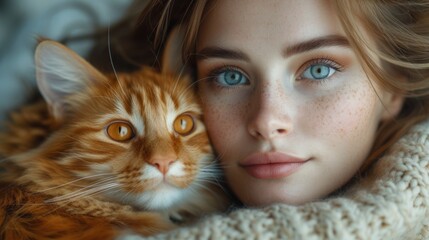  a woman with freckled hair and blue eyes cuddles with an orange and white cat in her arms, both of which are looking at the camera.