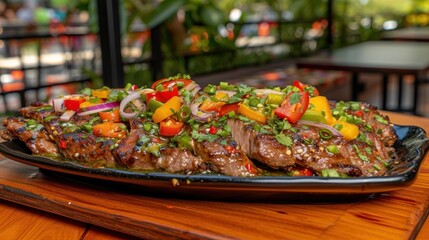 Obraz premium a close up of a plate of food with meat and veggies on a wooden table with a fence in the background.