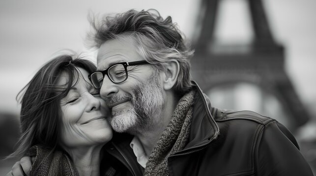 Affectionate mature couple showing love near eiffel tower. black and white portrait of happiness. timeless romance in paris. a moment of joy. AI