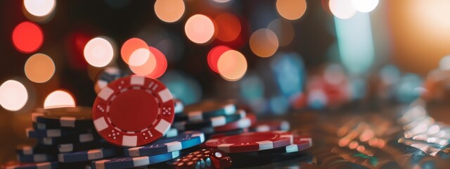 a casino table with a stack of poker chips - obrazy, fototapety, plakaty