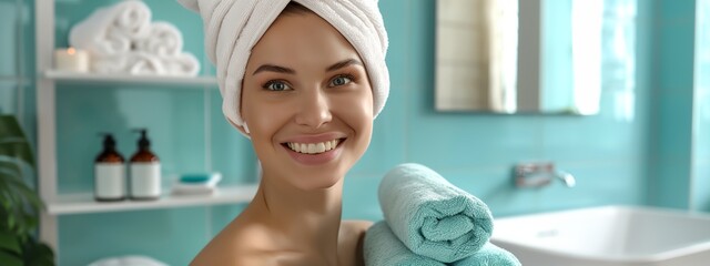 a woman with a towel on her head smiling - obrazy, fototapety, plakaty