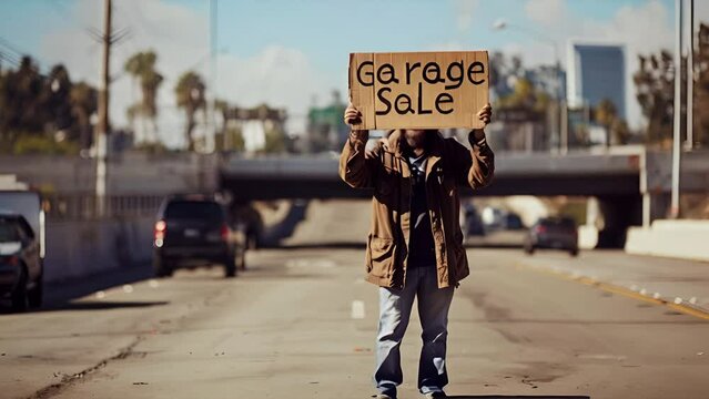 Homeless man holding a "Garage Sale" cardboard sign over his face on a freeway in Los Angeles