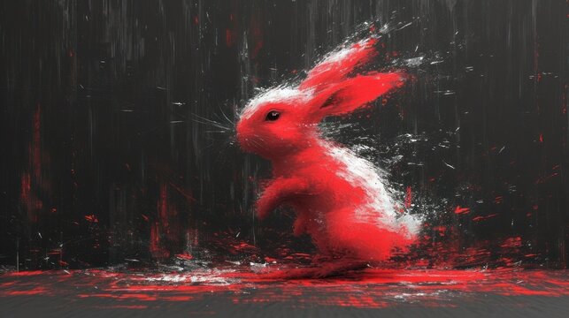  a painting of a red and white rabbit in a black and red room with red paint splatters on the floor and a black wall behind it is a red and white rabbit.