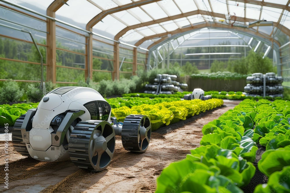 Aufkleber modern greenhouse with robots. background with selective focus and copy space