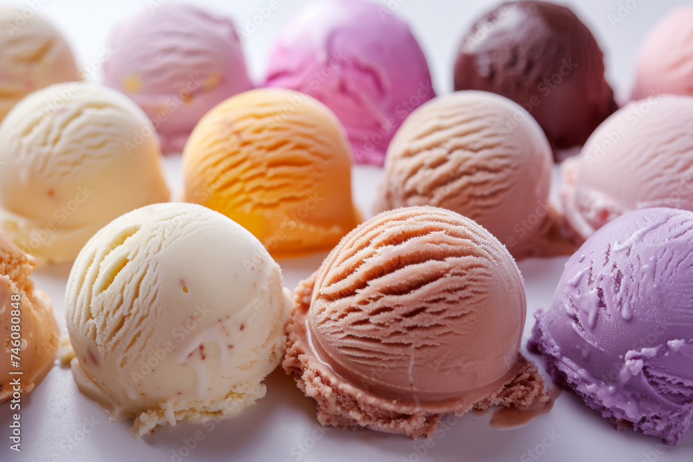Poster a set of scoops of different ice creams. background with selective focus and copy space