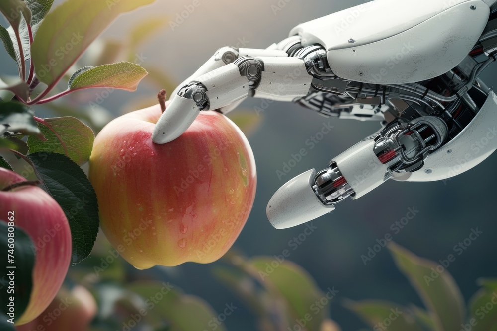 Poster a robot hand works on a modern farm. background with selective focus and copy space