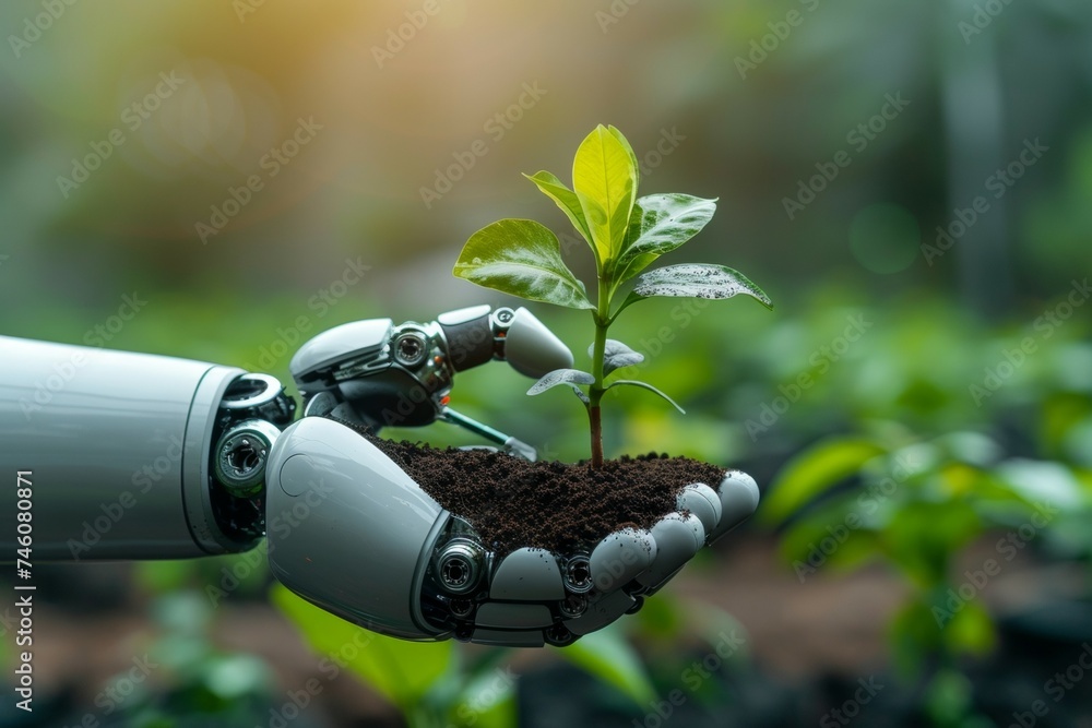 Poster a robot hand works on a modern farm. background with selective focus and copy space