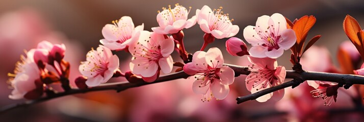 A detailed view of pink flowers blooming on a branch