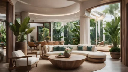 Gardinen Modern take on upscale bali inspired small condo white round arches interor view of  kitchen  living room bedroom tropical foliage © Muhammad
